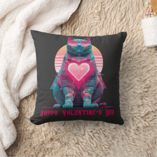 Vintage Neon Cat Valentine`s Day Throw Pillow