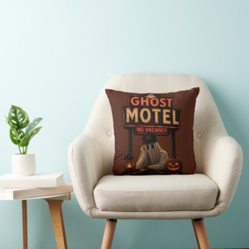 Vintage Neon Ghost Motel Halloween Spooky Throw Pillow