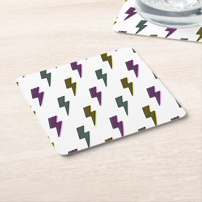 Vintage Neon Lightning Bolt Pattern Square Paper Coaster (Angled)