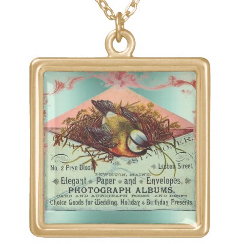 Vintage nesting bird envelope announcement teal  gold plated necklace