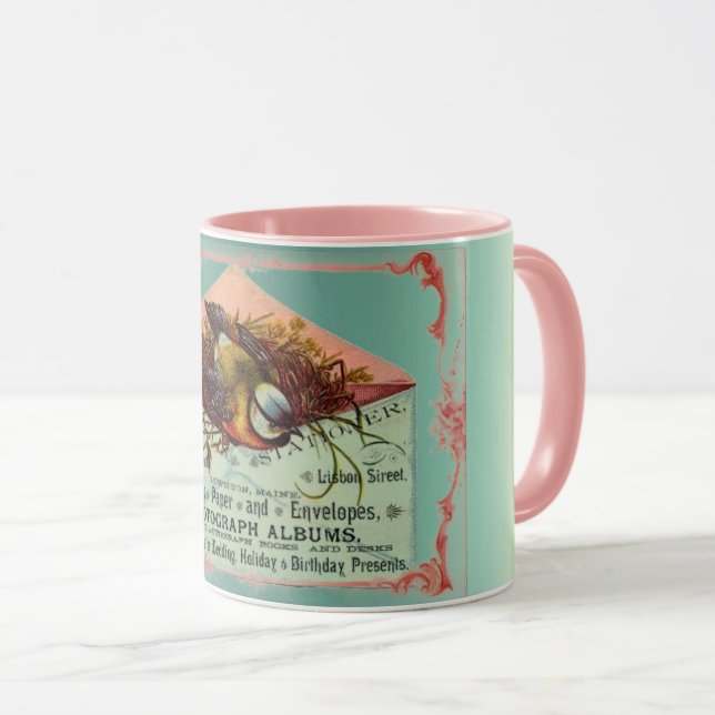 Vintage nesting bird mug paper com teal pink (Front Right)