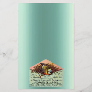 Vintage nesting bird teal peach brown stationery