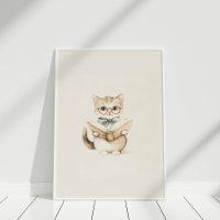 Vintage Neutral Cute Kitten with Book Nursery Art