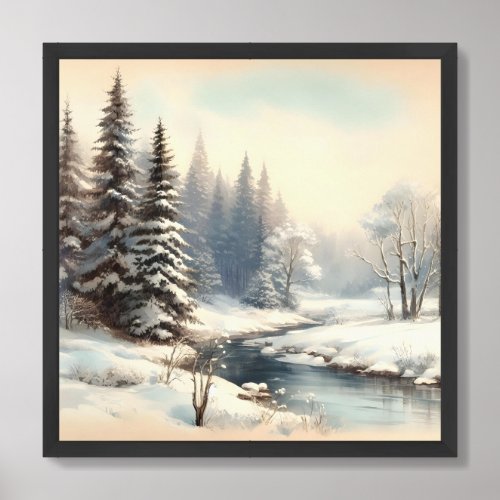 Vintage neutral snowy forest framed wall art