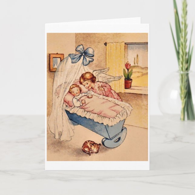 Vintage New Baby Guardian Angel Greeting Card (Front)
