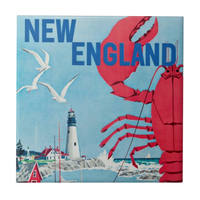 Vintage New England Lobster Lighthouse Travel Ceramic Tile (Front)