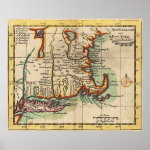 Vintage New England & Long Island Map (1703) Poster