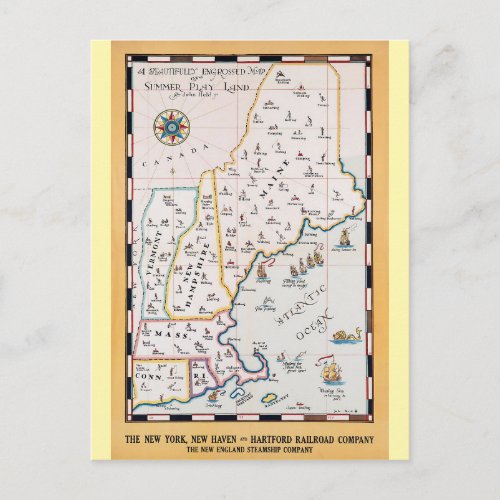 Vintage New England Map Summer Travel Postcard