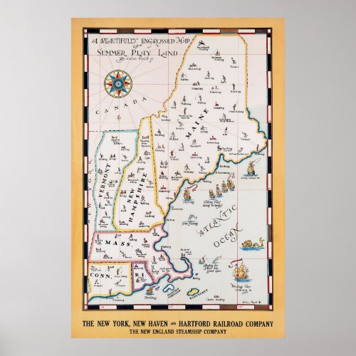 Vintage New England Map Summer Travel Poster