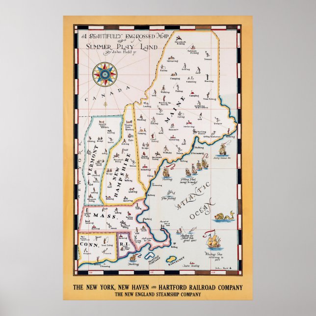Vintage New England Map Summer Travel Poster (Front)