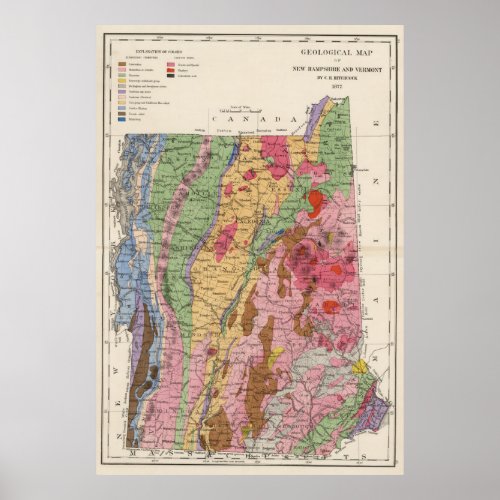 Vintage New Hampshire and Vermont Geology Map Poster
