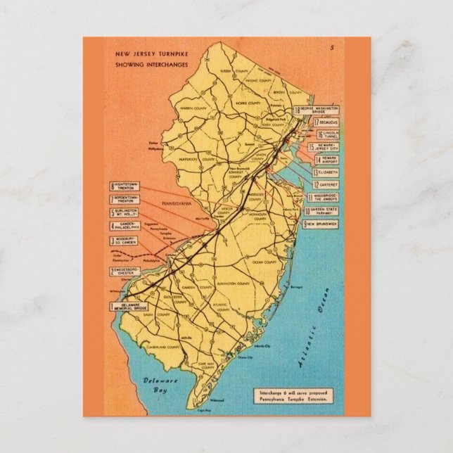 Vintage New Jersey Turnpike Map Postcard (Front)