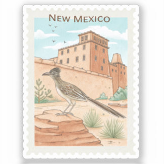 Vintage New Mexico Roadrunner Taos Pueblo Stamp Sticker