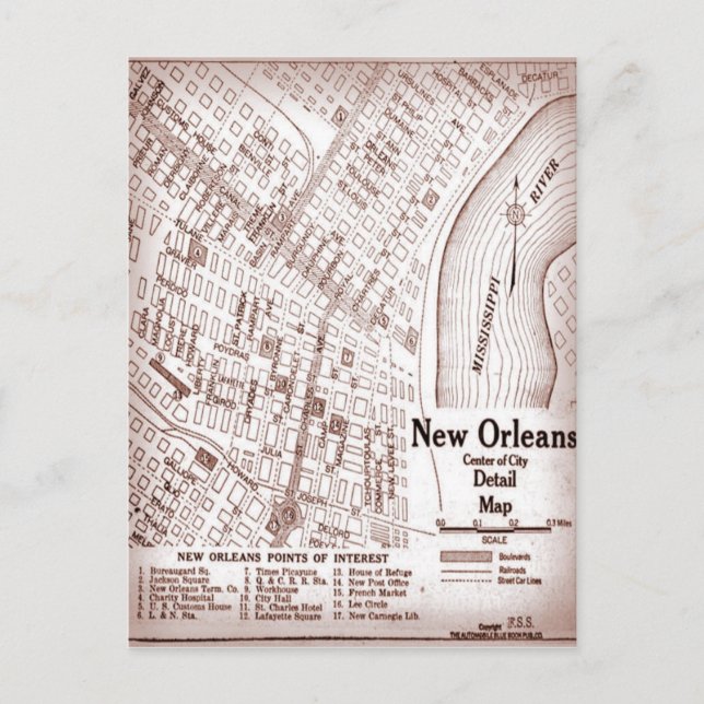 Vintage New Orleans Downtown 1920 Map Postcard (Front)