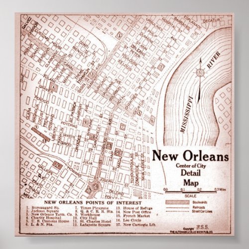 Vintage New Orleans Downtown 1920 Map Poster