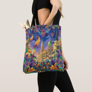 VINTAGE NEW ORLEANS MARDI GRAS SCENE TOTE BAG