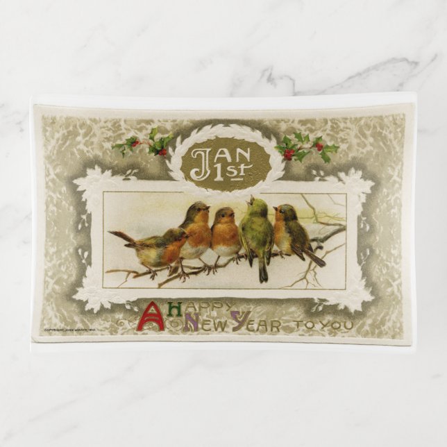 Vintage New Year Birds Trinket Tray (Front)