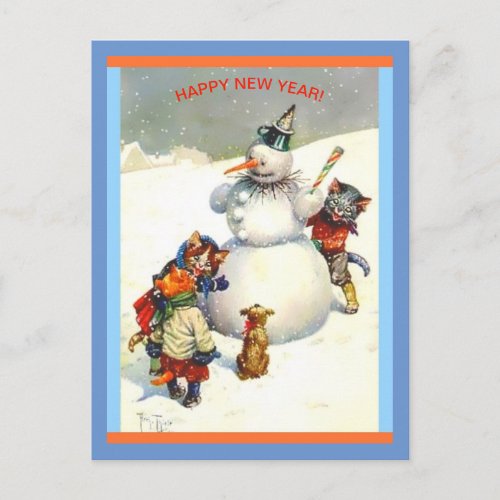 Vintage New Year Cats Build A Wondeful Snowman Postcard