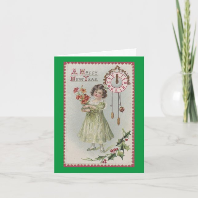 Vintage New Year Girl Holiday Card (Front)