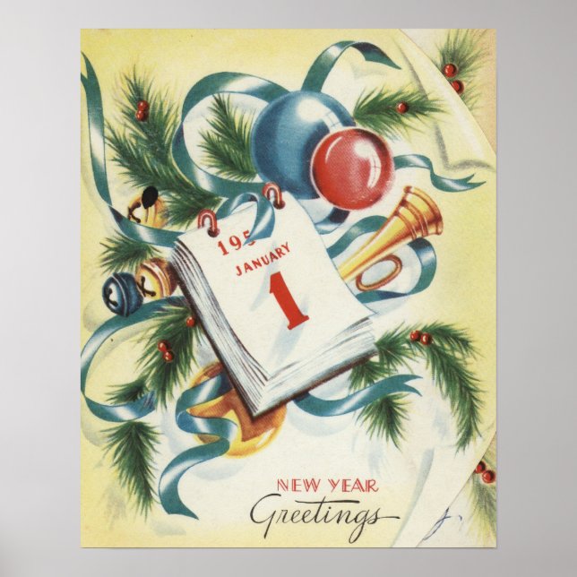 Vintage New Year Greetings Card Poster Circa 1950 (Front)