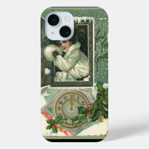Vintage New Year Greetings, Victorian Girl Window iPhone 15 Case