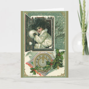 Vintage New Year Greetings, Victorian Girl Window Holiday Card