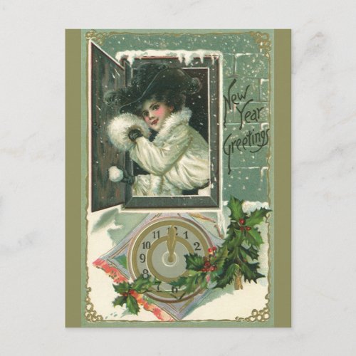 Vintage New Year Greetings Victorian Girl Window Holiday Postcard