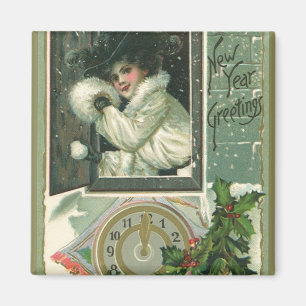 Vintage New Year Greetings, Victorian Girl Window Magnet