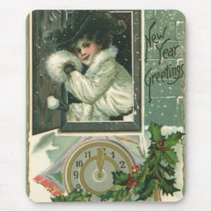 Vintage New Year Greetings, Victorian Girl Window Mouse Pad