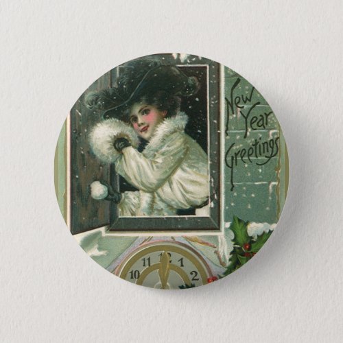 Vintage New Year Greetings Victorian Girl Window Pinback Button