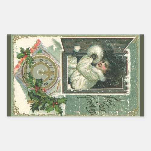 Vintage New Year Greetings Victorian Girl Window Rectangular Sticker