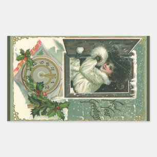 Vintage New Year Greetings, Victorian Girl Window Rectangular Sticker