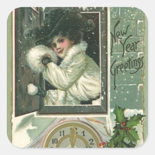 Vintage New Year Greetings Victorian Girl Window Square Sticker