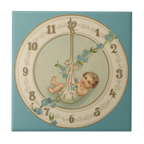 Vintage New Years Baby Clock Ceramic Tile