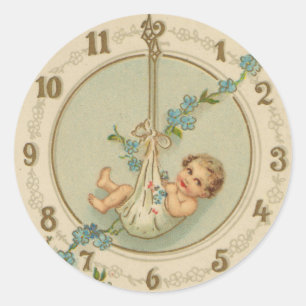 Vintage New Years Baby Clock Classic Round Sticker