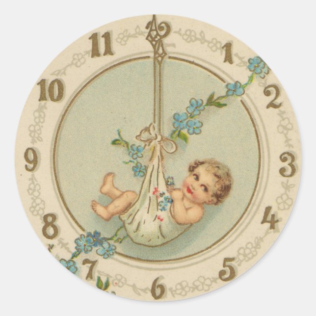 Vintage New Years Baby Clock Classic Round Sticker (Front)