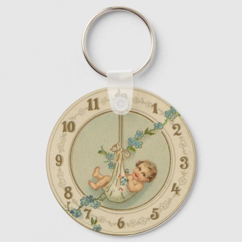 Vintage New Years Baby Clock closeup Keychain