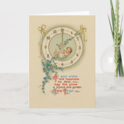 Vintage New Years Baby Clock Holiday Card