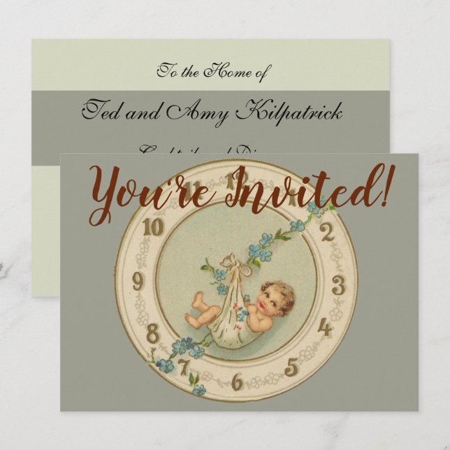 Vintage New Years Baby Clock Invitation (Front/Back)