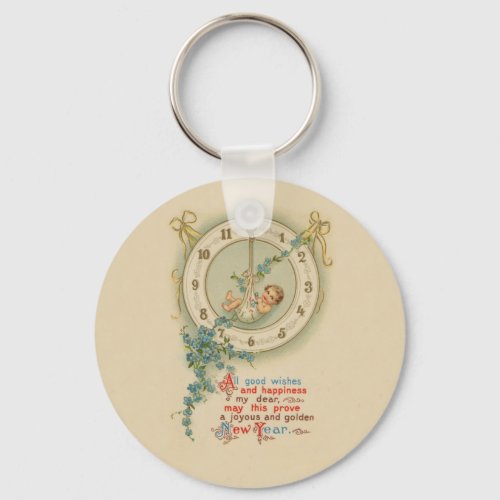 Vintage New Years Baby Clock Keychain