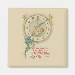 Vintage New Years Baby Clock Magnet