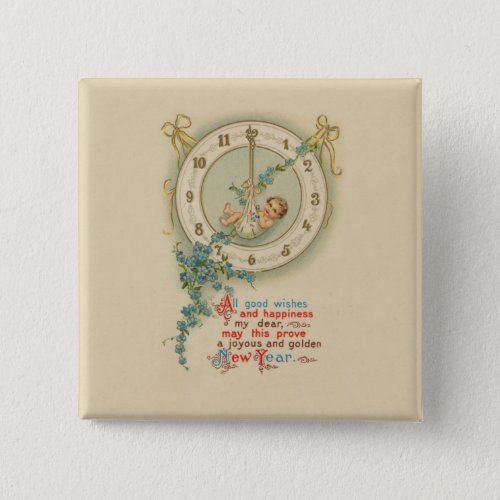 Vintage New Years Baby Clock Pinback Button
