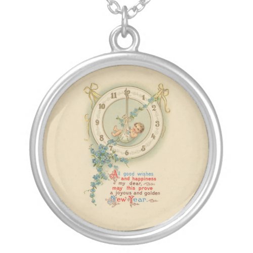 Vintage New Years Baby Clock Silver Plated Necklace