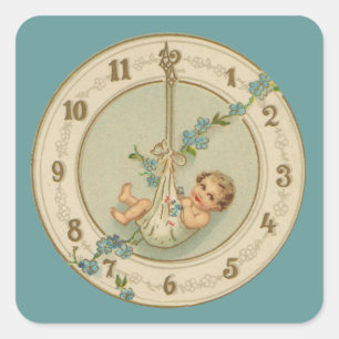 Vintage New Years Baby Clock Square Sticker