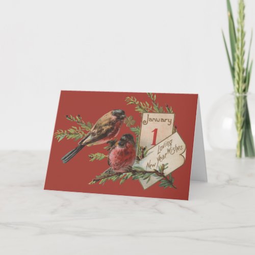 Vintage New Years Birds Holiday Card