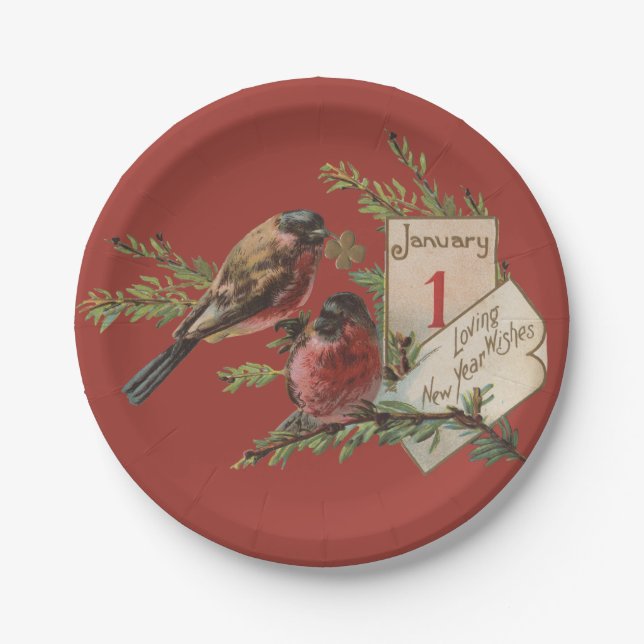 Vintage New Years Birds Paper Plates (Front)