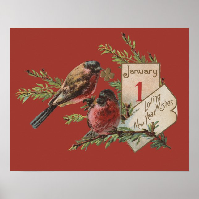Vintage New Years Birds Poster (Front)