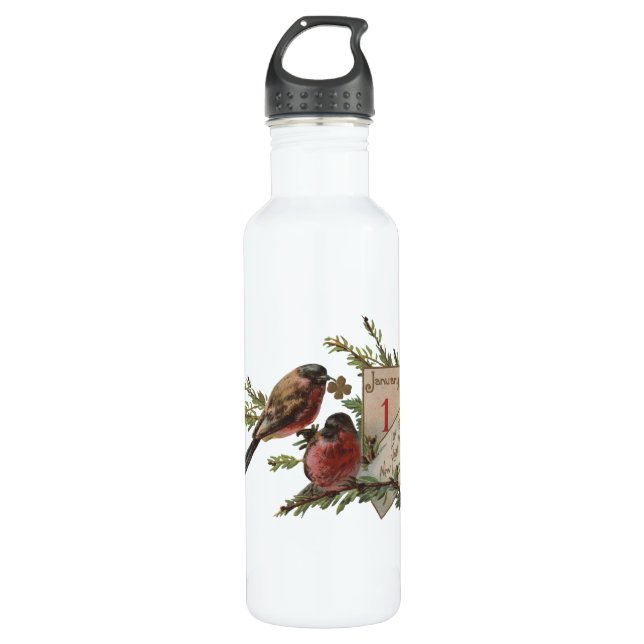 Vintage New Years Birds Water Bottle (Front)