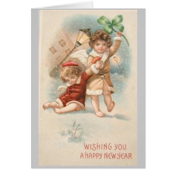 Vintage New Year's Card 2 Angels In Snow Shamrock by ebhaynes at Zazzle