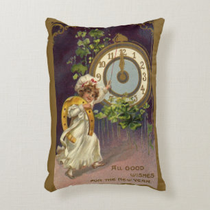 Vintage New Years Eve Irish Lass Clock at Midnight Accent Pillow